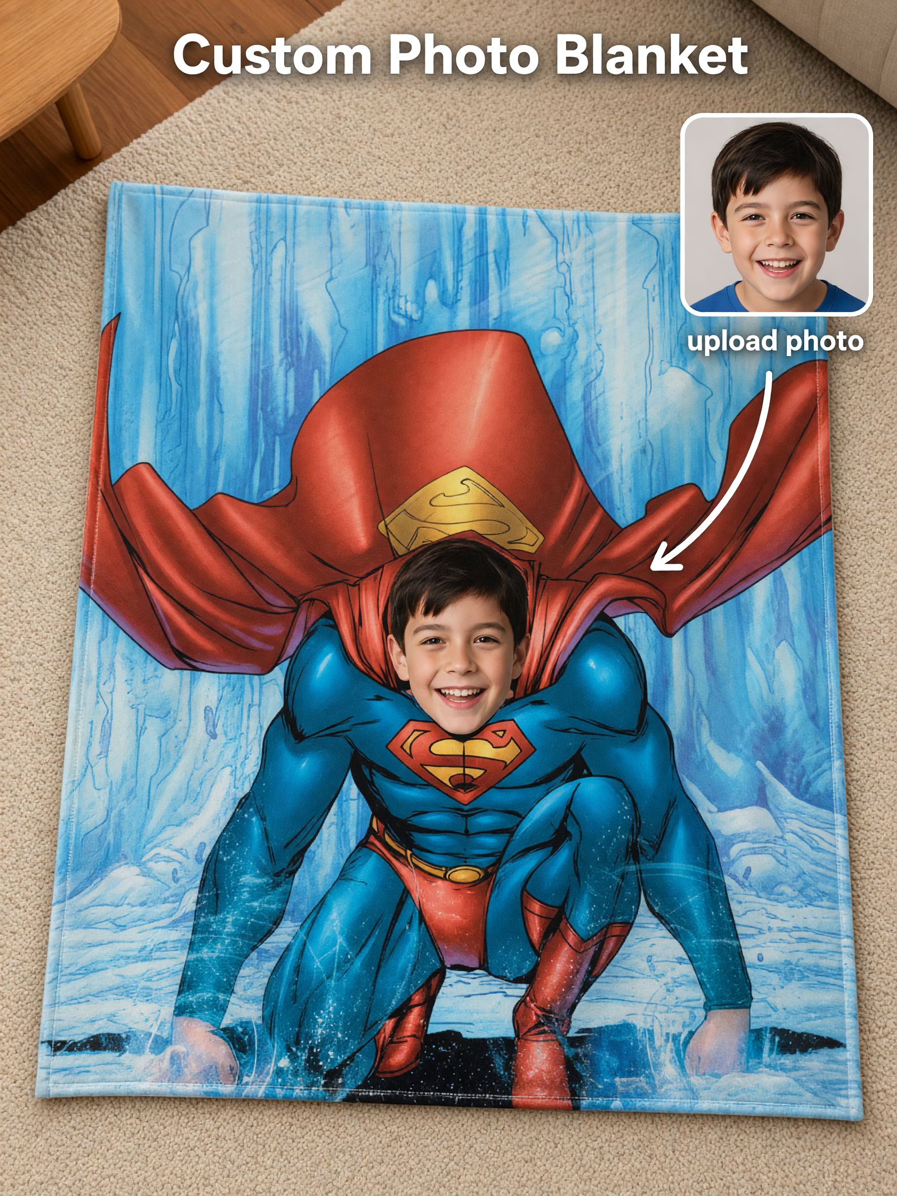 Custom Superhero Face Photo Blanket Ultra Soft Anti-Pilling Flannel Throw for Kids Adults Cozy Personalized Keepsake Gift