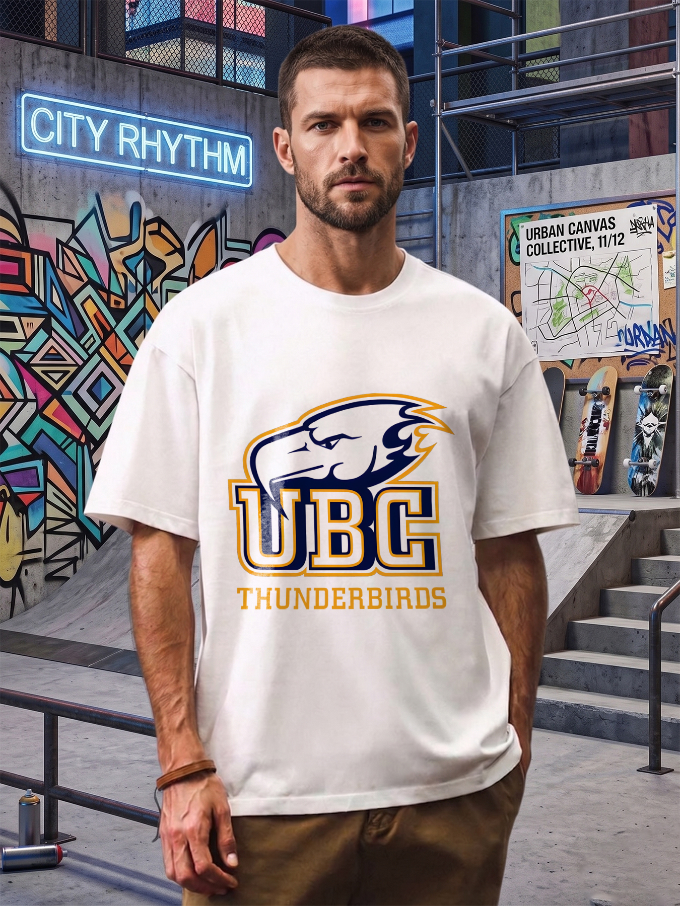 Men's UBC Thunderbirds Logo Print T-Shirt Casual Round Neck Lightweight Breathable Summer Short Sleeve Tee for College Fans and Outdoor Activities