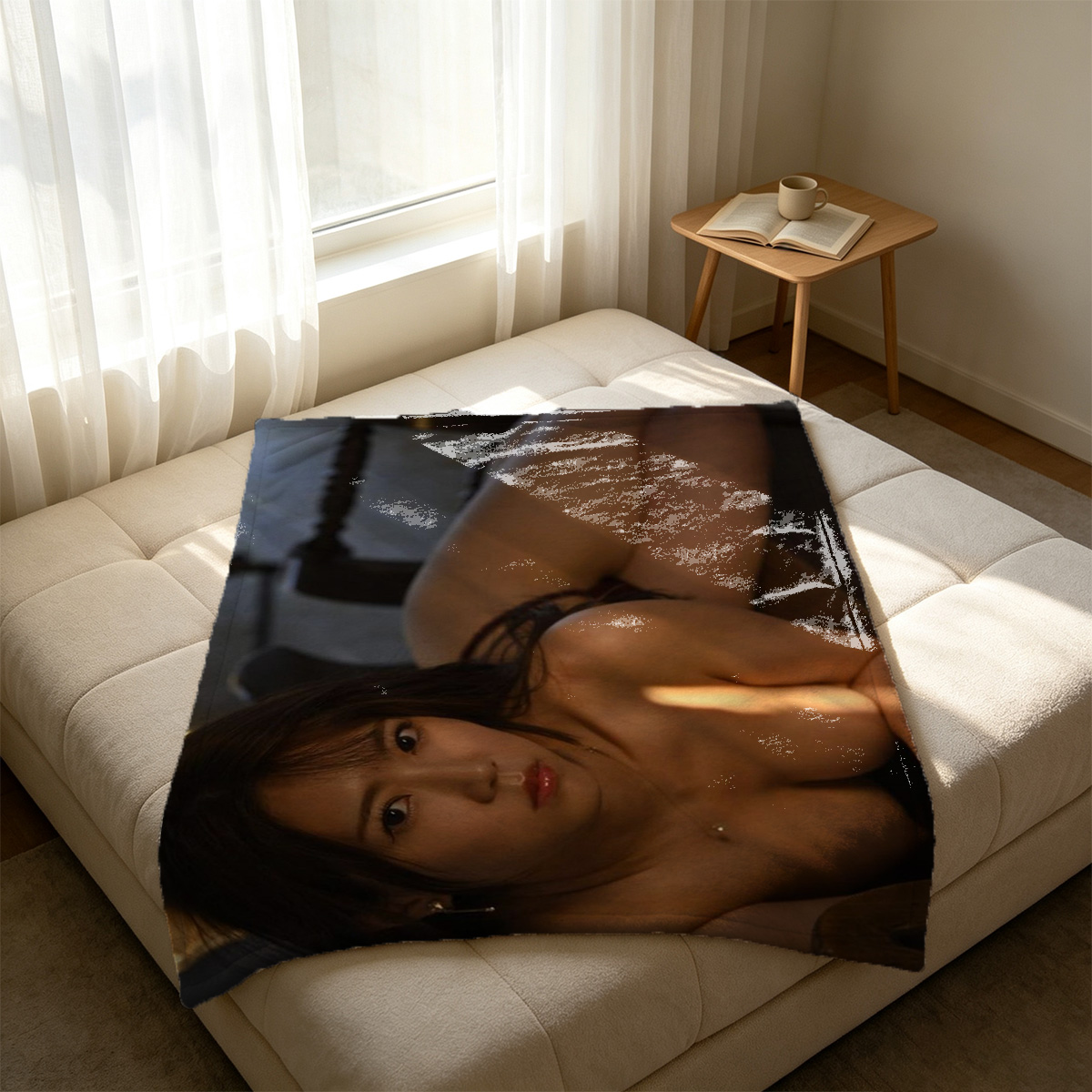 Nude Bride in Crystal Pasties and Chain Lingerie Sitting on Table - Blanket