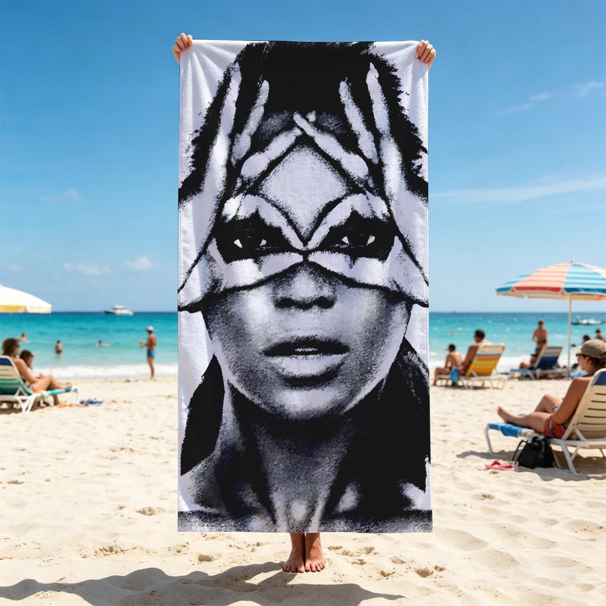 Woman with Hands Forming X Over Eyes, Dramatic Makeup, Black and White Portrait - Beach towels
