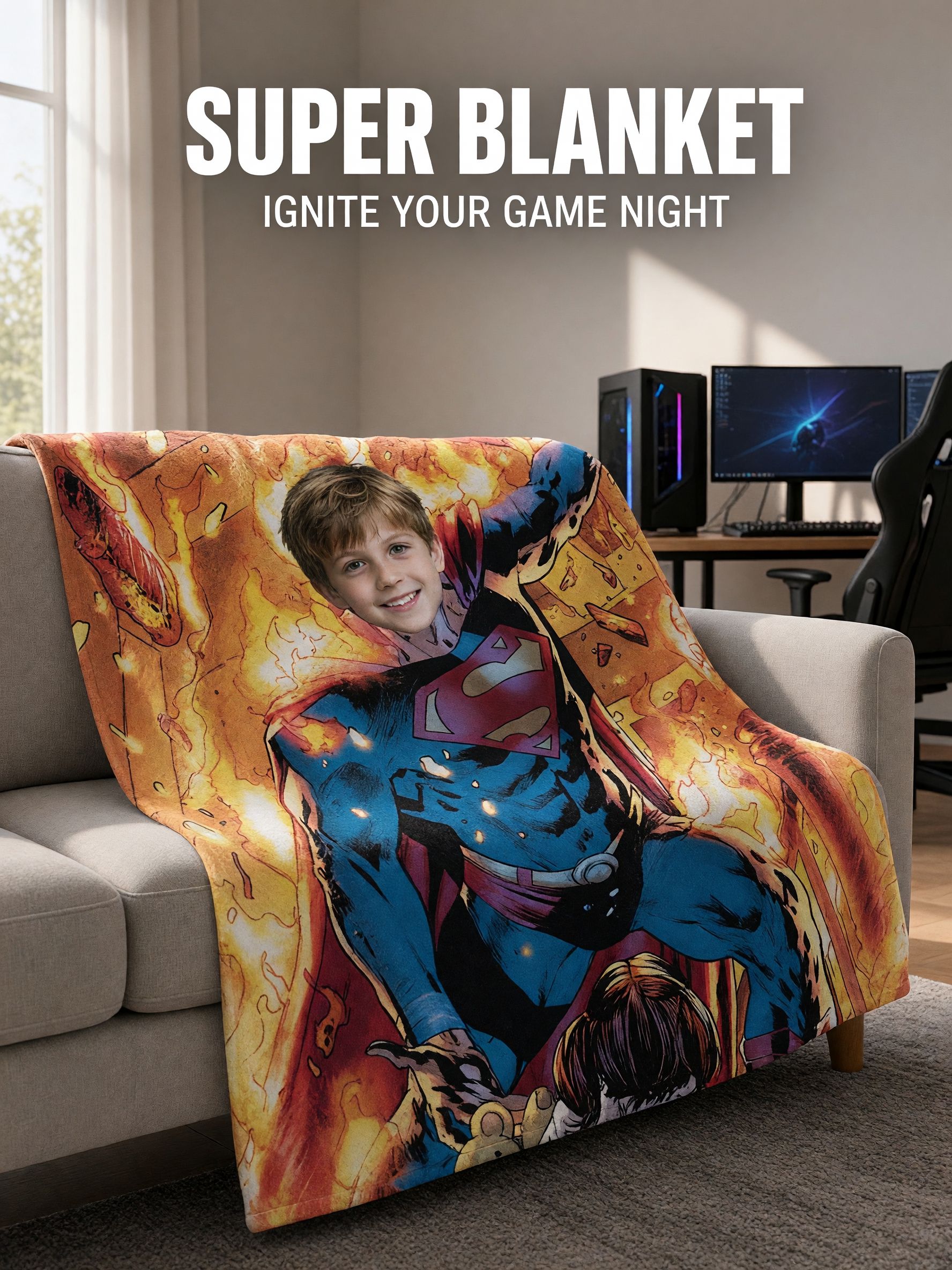 Custom Face Superhero Flannel Blanket, Personalized Photo Plush Throw for Kids, Cozy Superhero Comic Fan Gift