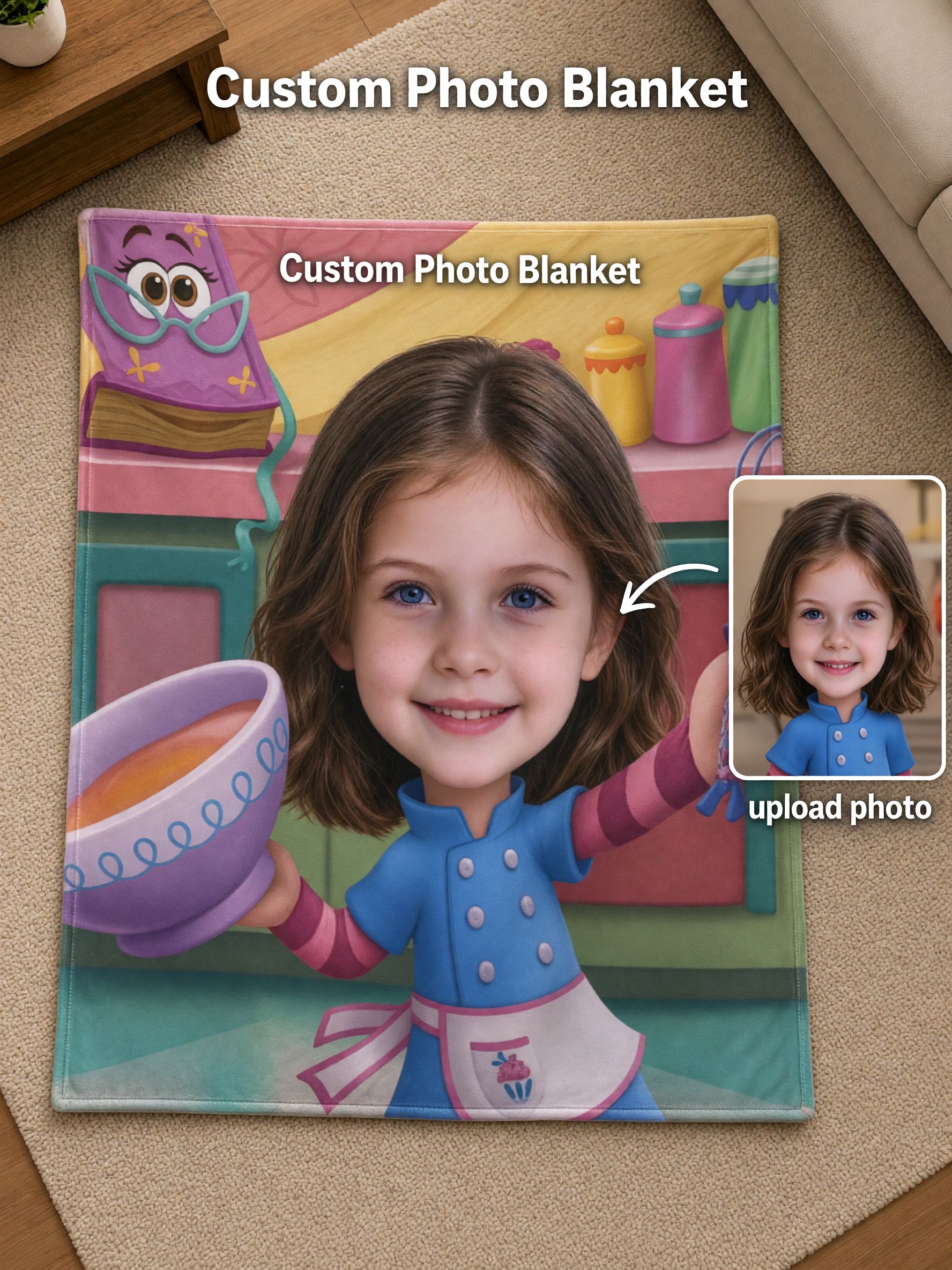 Custom Face Blanket Personalized Cartoon Photo Flannel Throw, Ultra Soft Plush Bed Cover, Ideal Personalized Gift