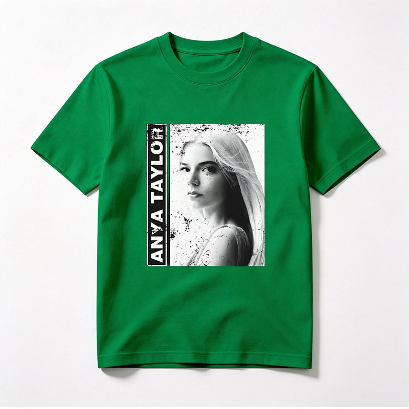 Anya Taylor-Joy in a striking black and white portrait with artistic splatter effects. - Tee