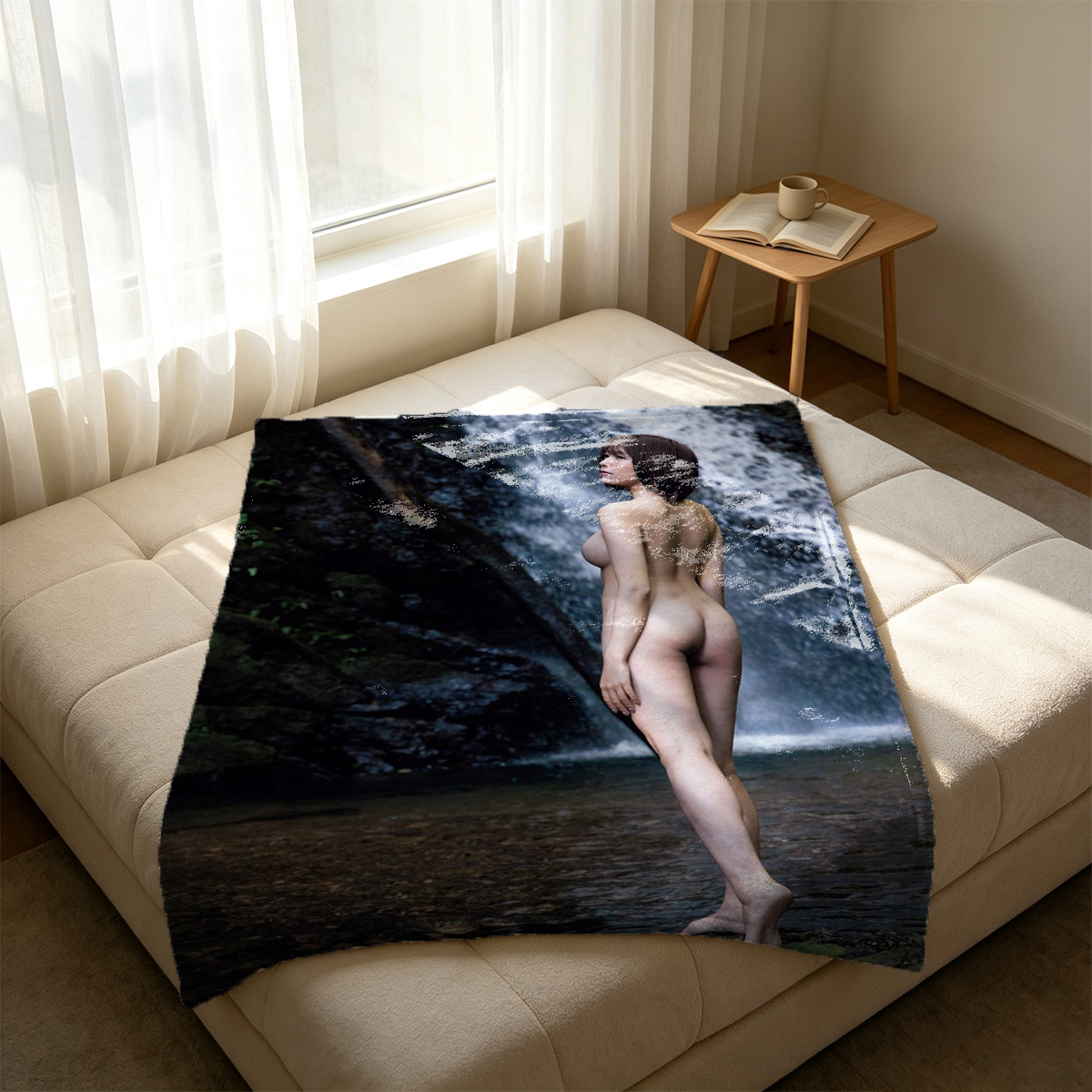 Two Women in Blue and Purple Lace Lingerie Embracing and Kissing - Blanket