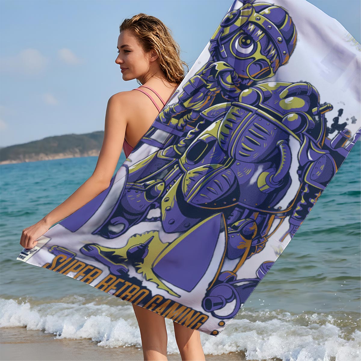Super Retro Gaming: Robo Warrior and Mech Pilot in Purple Armor, Since 1995, SquareGames, RC Art - Beach towels