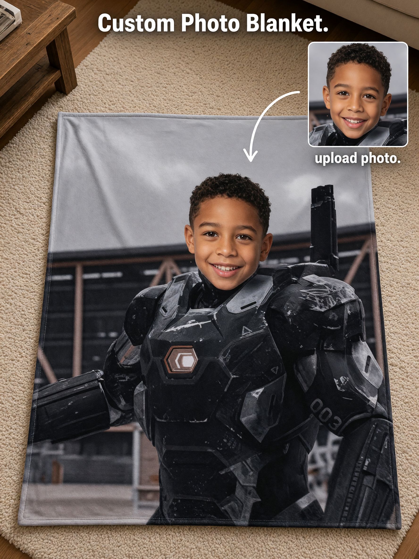 Custom Photo Face Flannel Blanket, Personalized Superhero Armor Plush Throw, Ideal Cozy Gift for Kids and Family