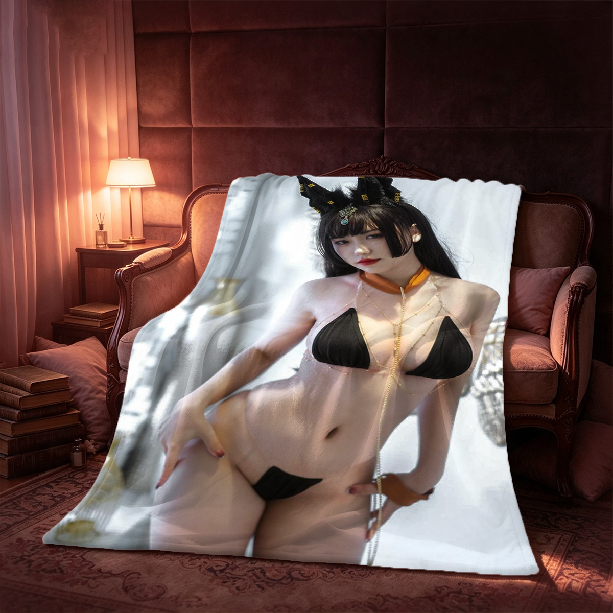 A Japanese woman in a yellow bikini, posing by the window. - Blanket