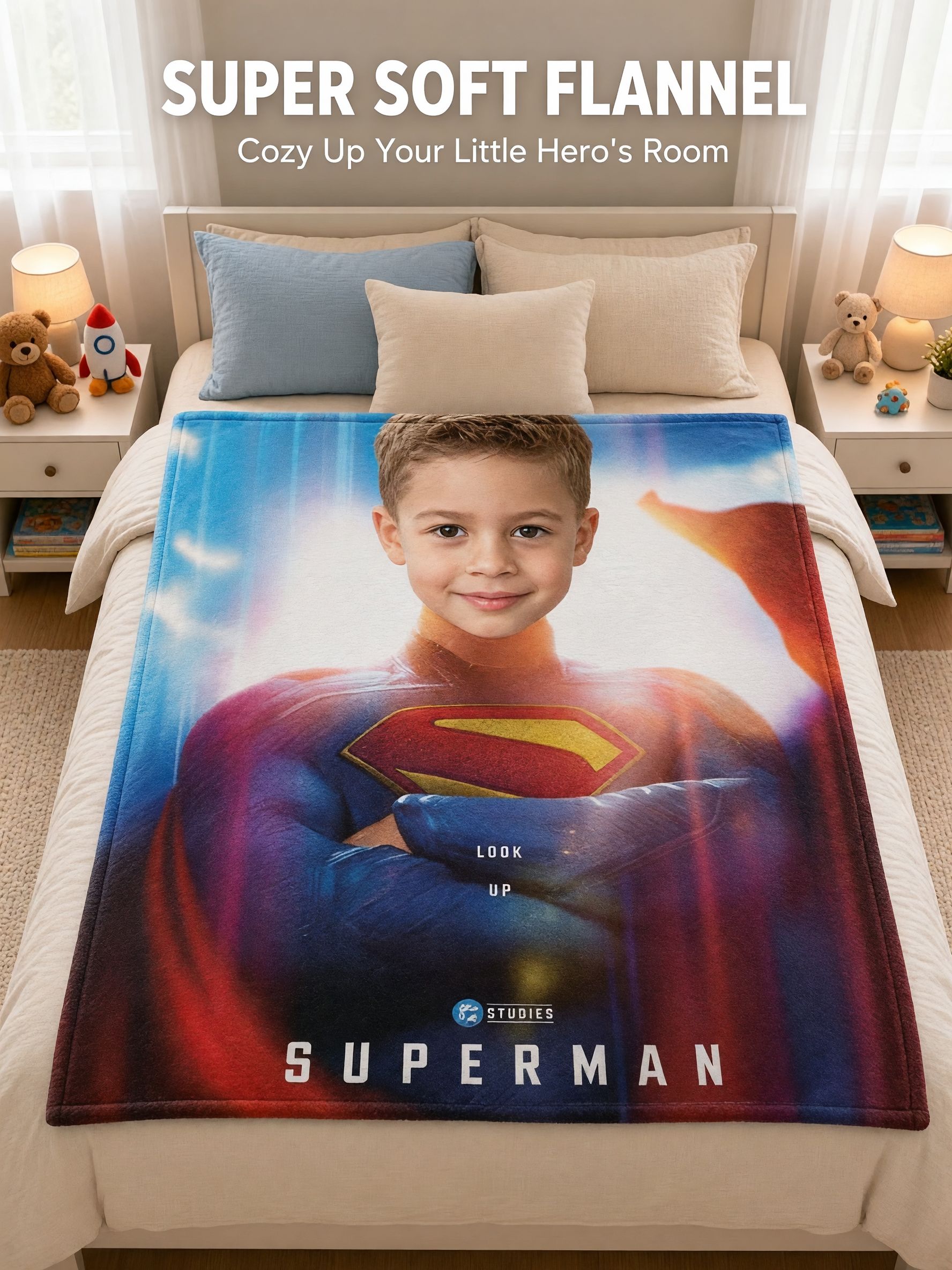 Personalized Custom Face Photo Flannel Fleece Blanket Ultra Soft Superhero Portrait Throw for Kids and Family