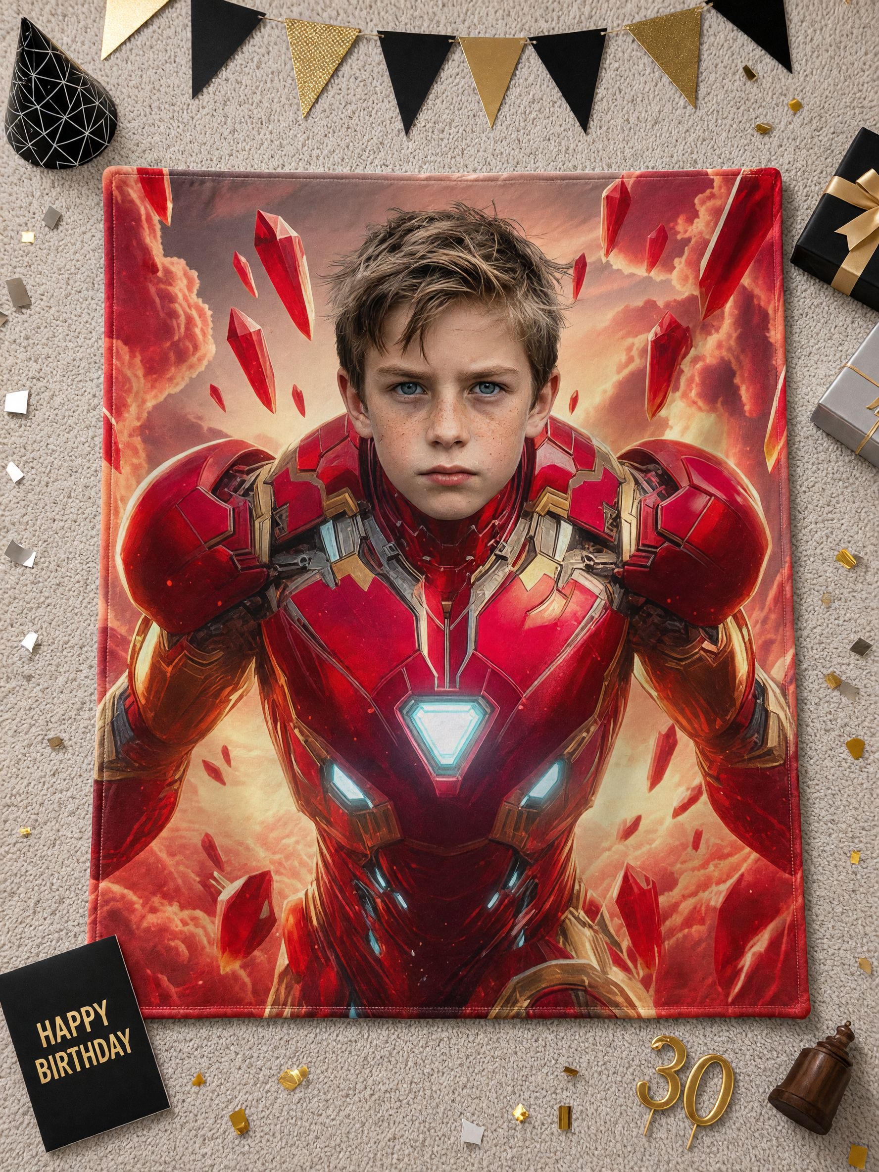 Personalized Photo Blanket Custom Face In Red Gold Mech Armor Soft Flannel Throw Ideal Birthday Gift For Boys And Family