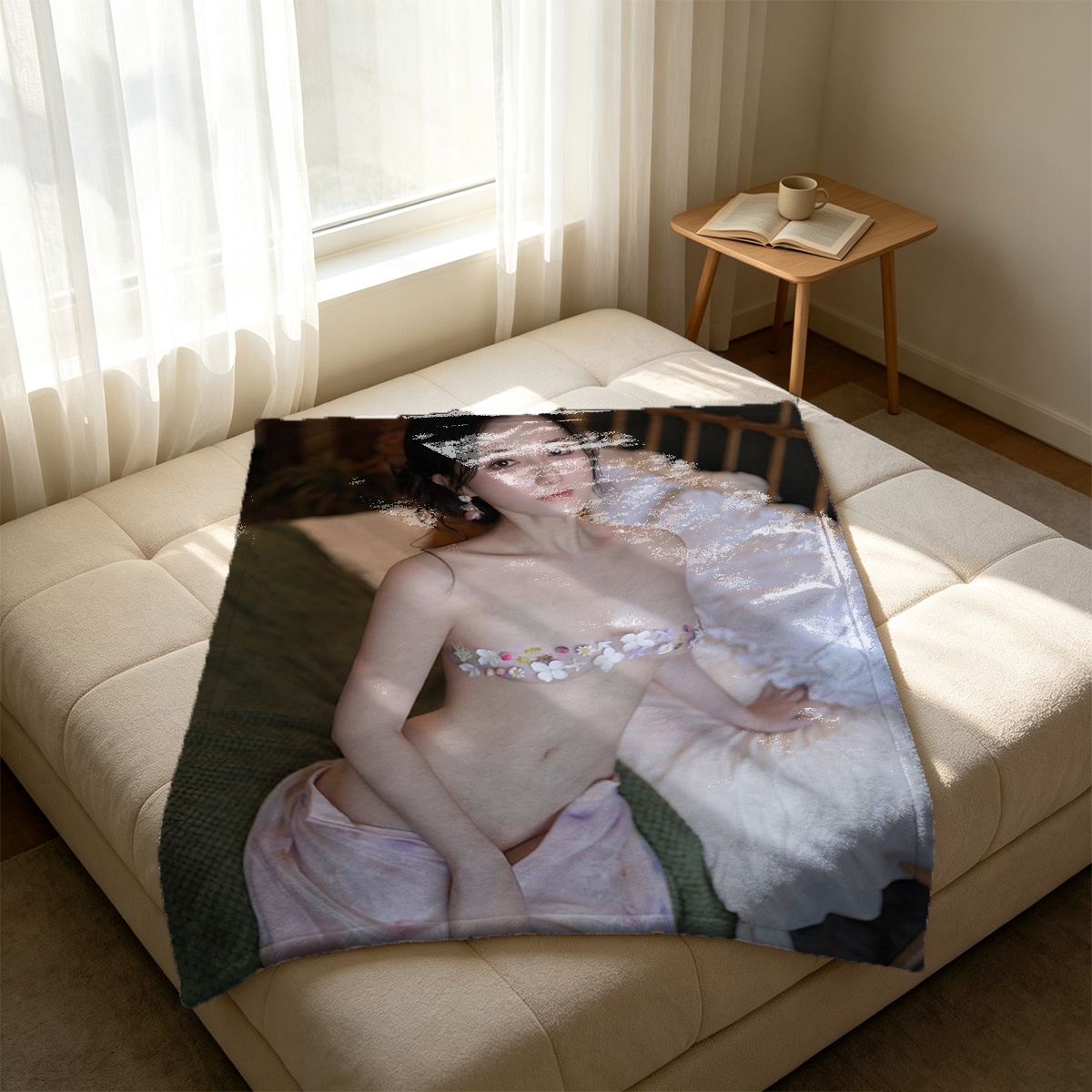 Lea Michele in leopard thong on couch, back view - Blanket