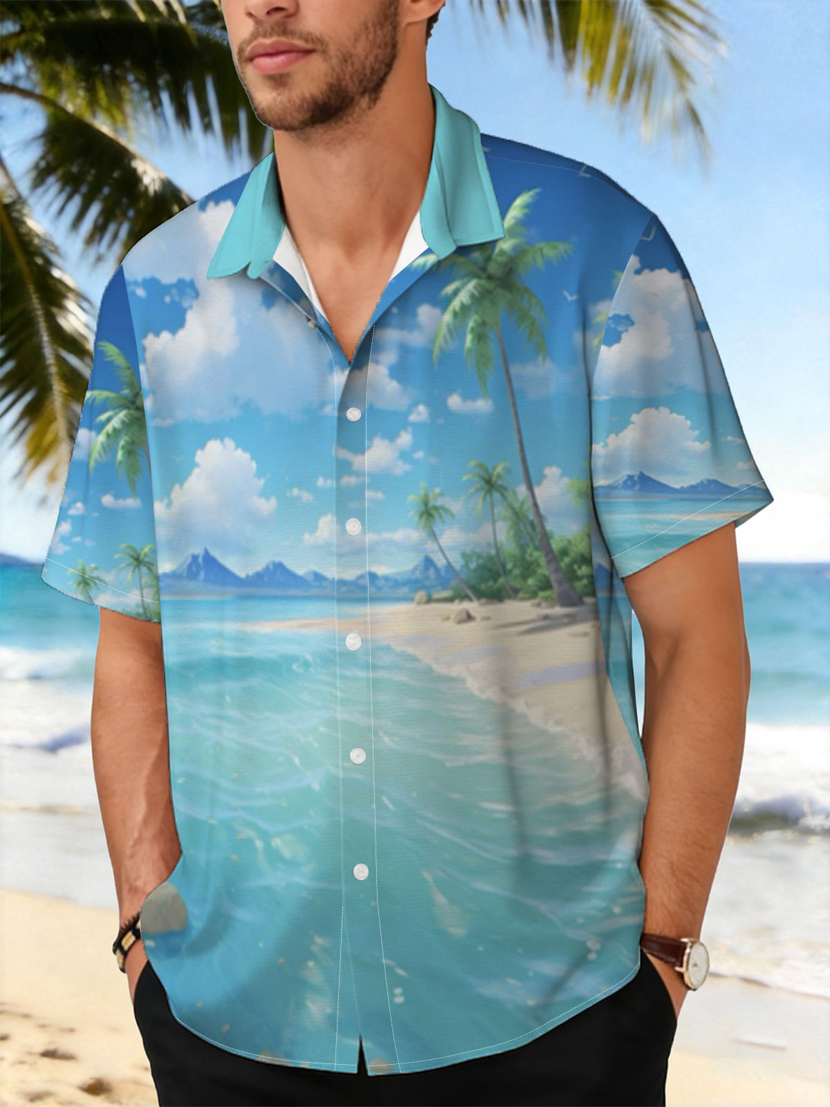 Tropical Beach with Palm Trees and Clear Blue Water -  Shirt