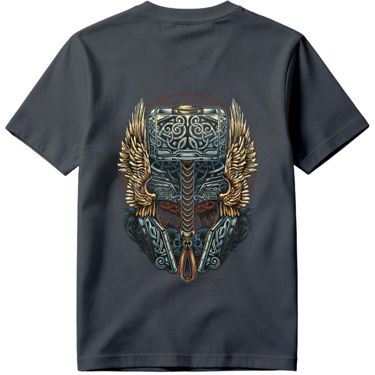 Thor's Hammer Mjolnir with Norse Symbols and Wings - Tee