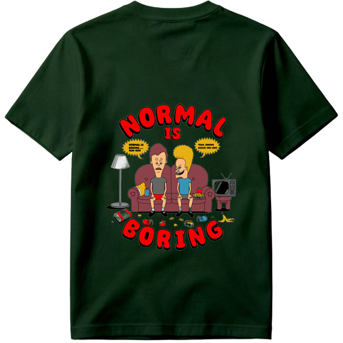 Normal Is Boring: Two Cartoon Characters on Couch with Chaos Around - Tee