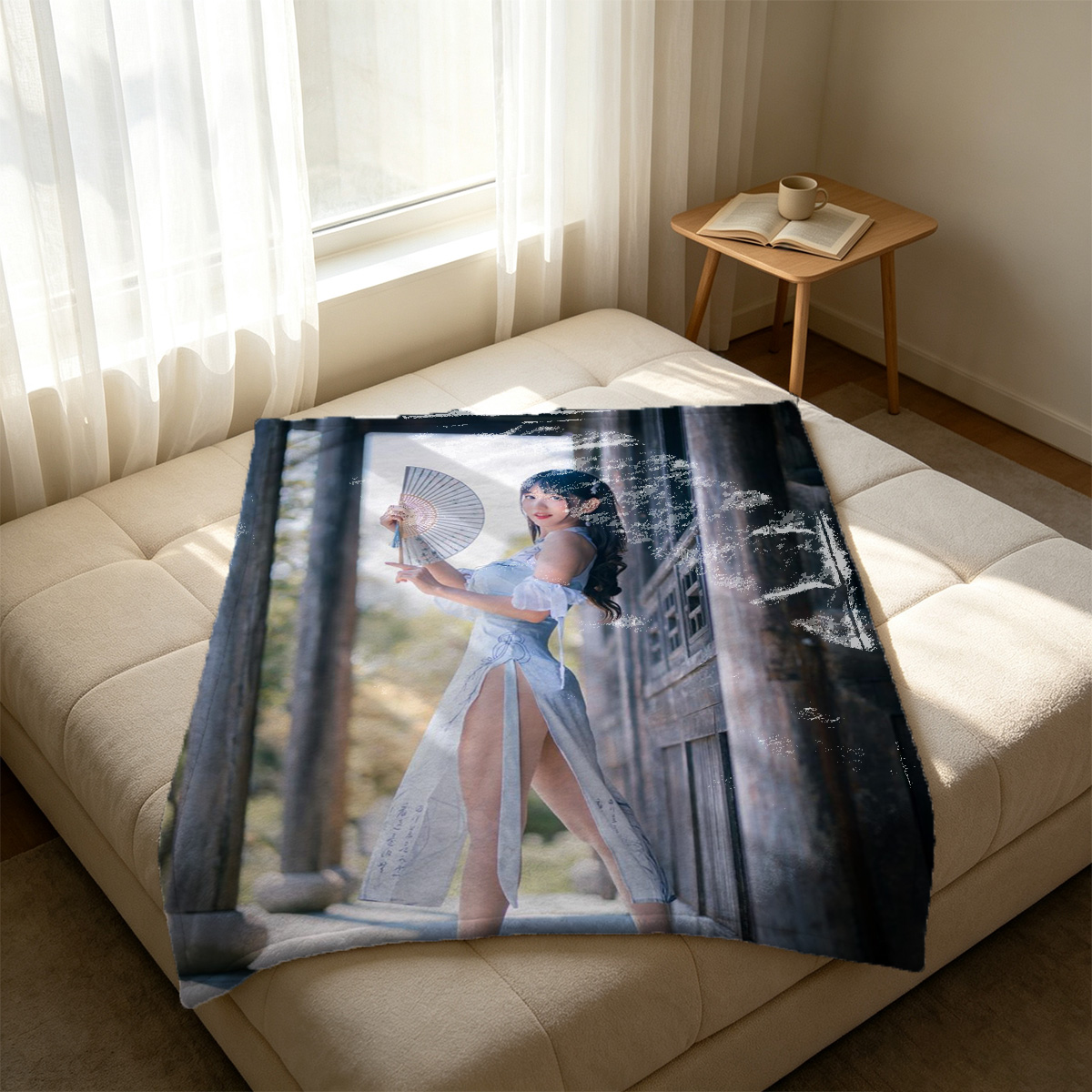 Nude Brunette Lounging on Outdoor Wicker Sofa - Blanket
