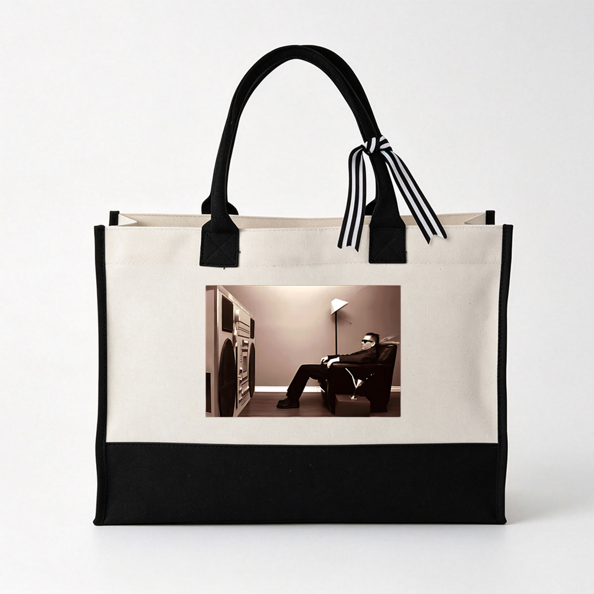 Man in Suit and Sunglasses Relaxing with Boombox and Martini - Canvas patchwork gift tote bag