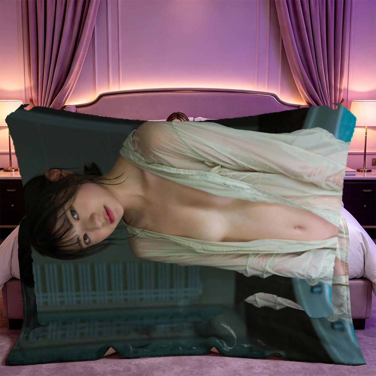 Redhead beauty with flowing hair in sensual pose - Blanket