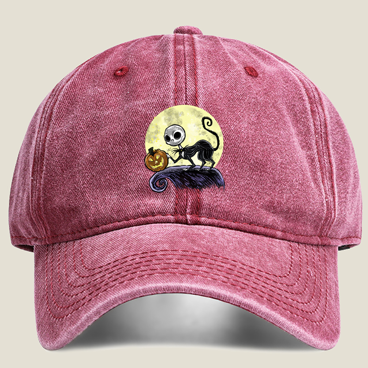 Jack Skellington and Pumpkin Moon - Washed Denim - Baseball Cap