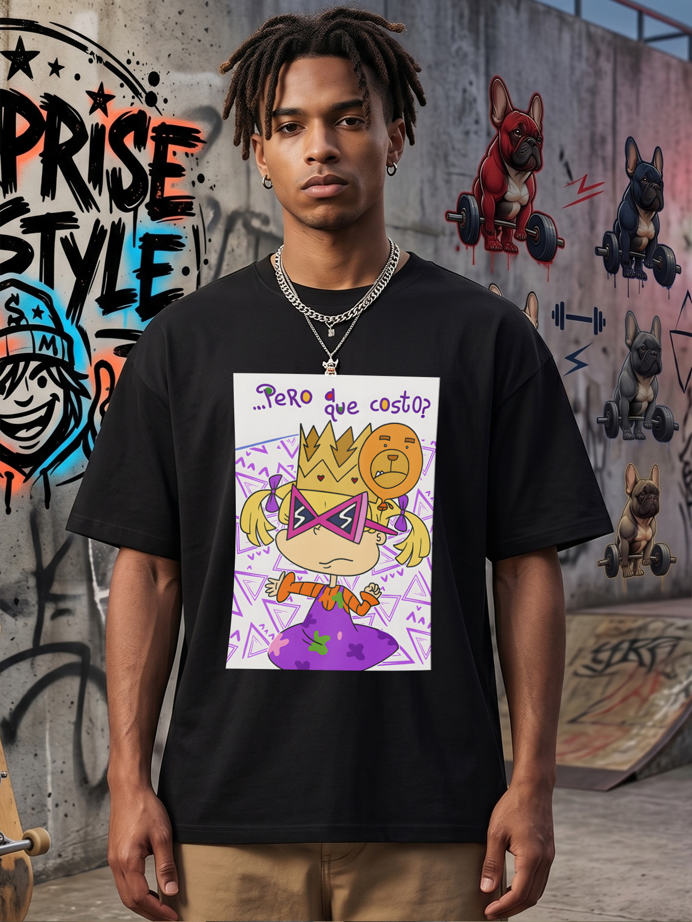 Men's Printed T-Shirt Featuring Cartoon Girl with Crown and Lion Balloon, 