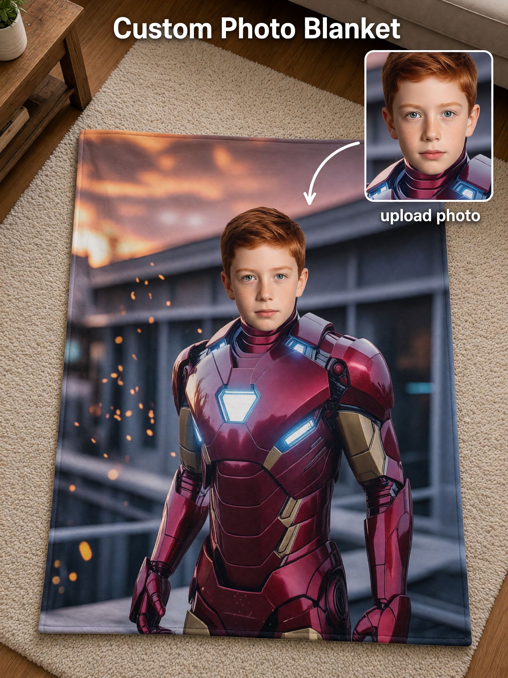Custom Face Superhero Blanket, Personalized Photo Soft Flannel Throw, Cozy Armor Portrait Bed Couch Gift