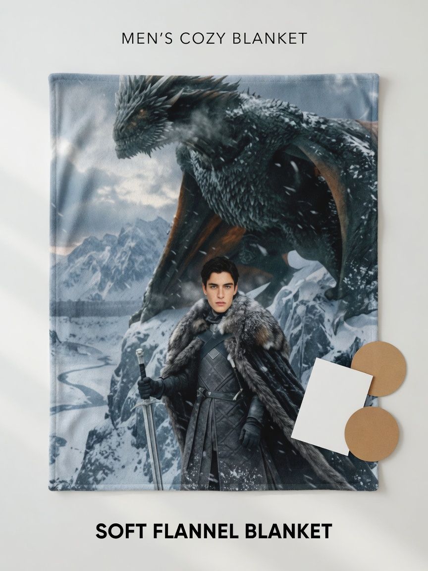 Custom Photo Face Dragon Warrior Flannel Blanket Personalized Fantasy Fleece Throw for Bed Sofa and Cozy Home Decor