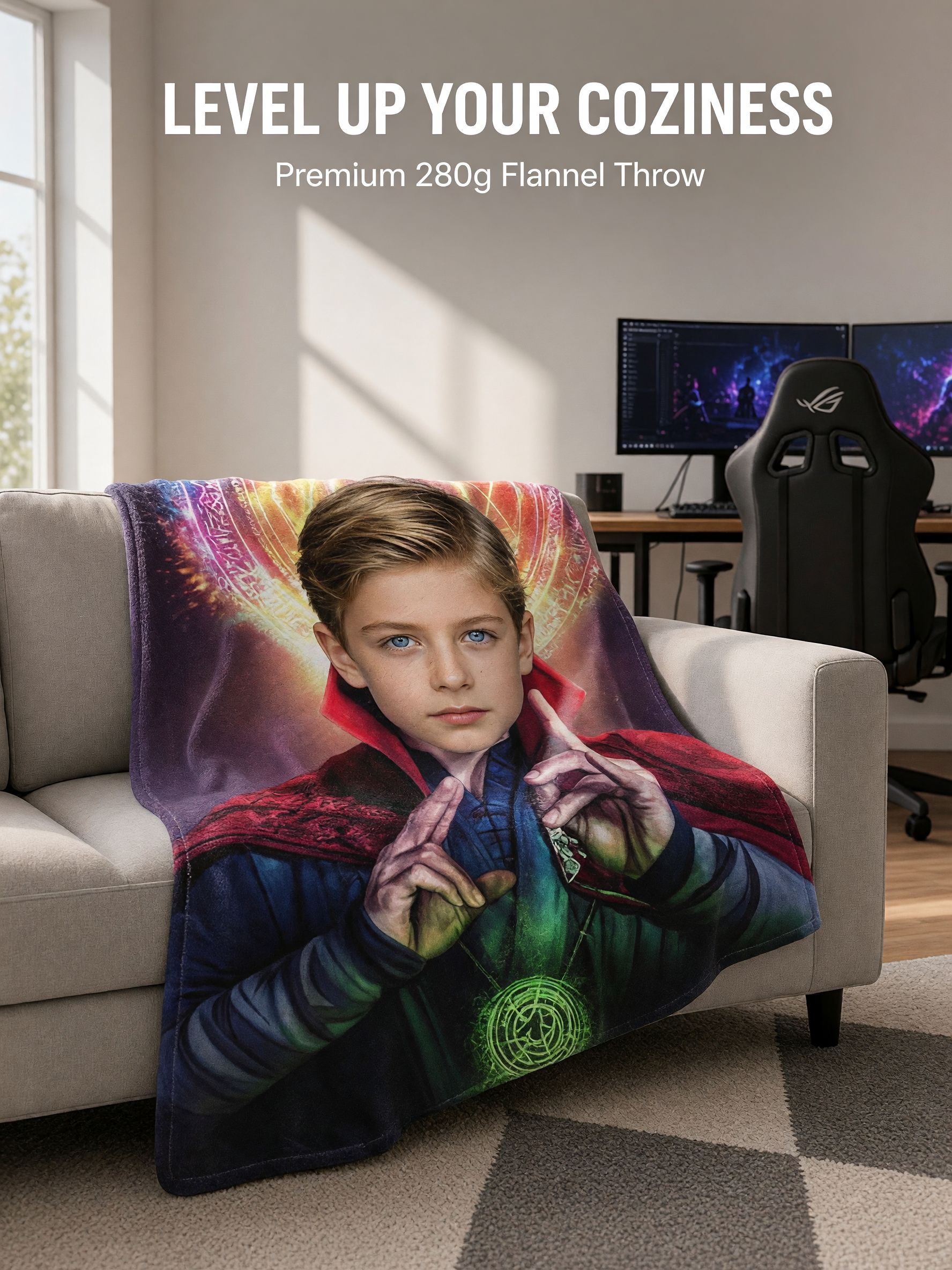 Custom Photo Face Blanket Personalized Flannel Throw with Mystic Sorcerer Hero Graphic Soft Cozy Fleece Keepsake for