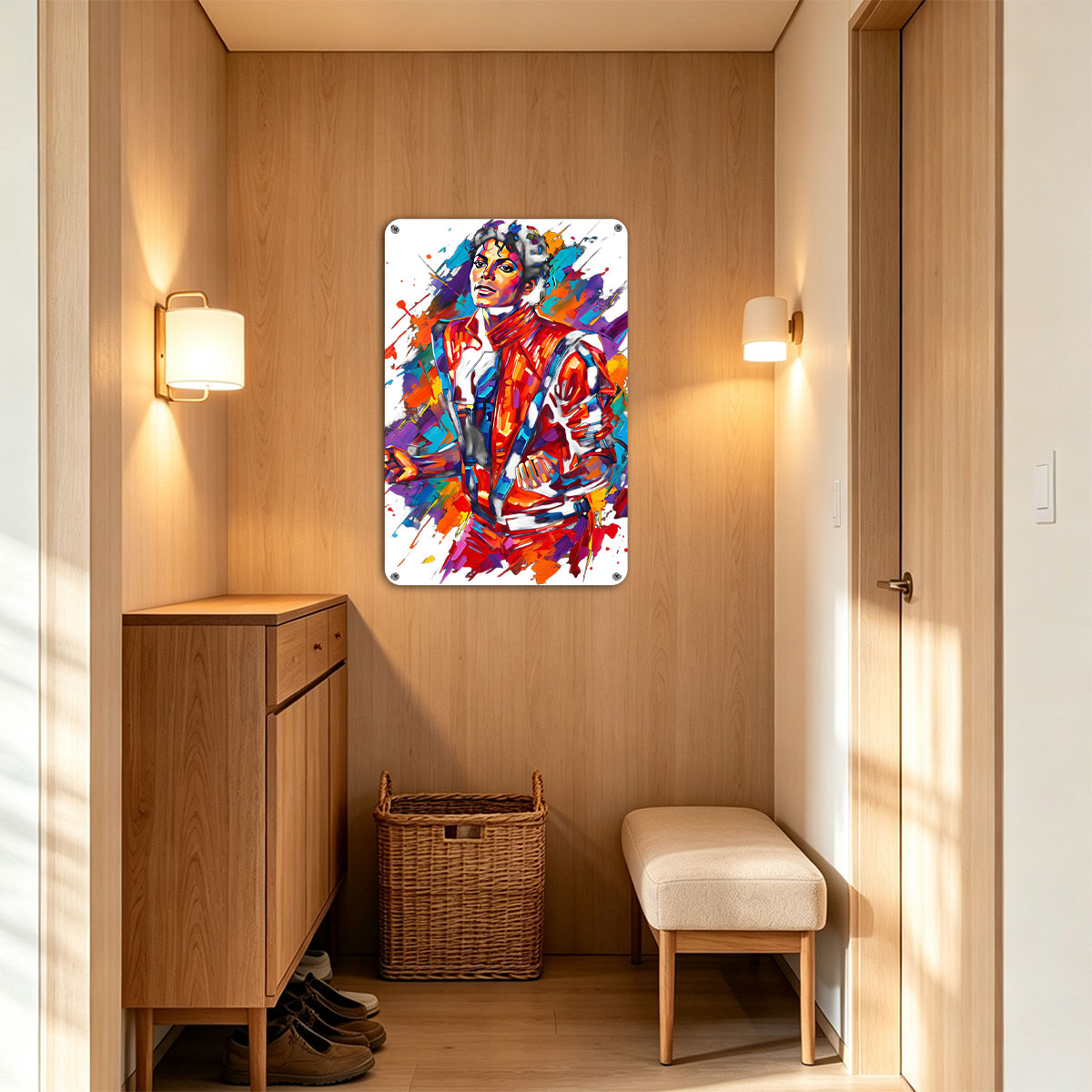 Michael Jackson in vibrant, dynamic art style, wearing iconic red jacket, set against colorful abstract background. - painting