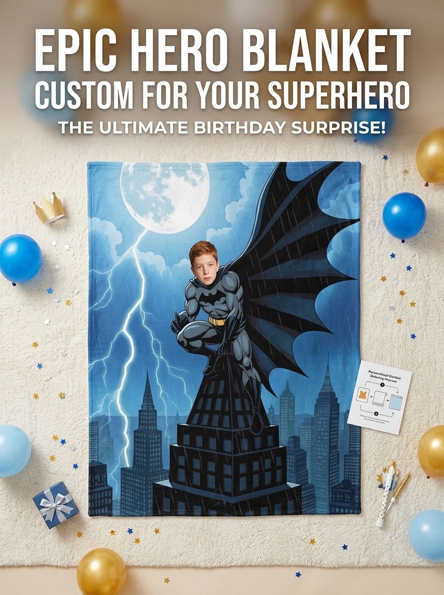 Custom Superhero Face Blanket Personalized Photo Flannel Throw Soft Fleece Bedspread for Kids and Adults Unique Gift