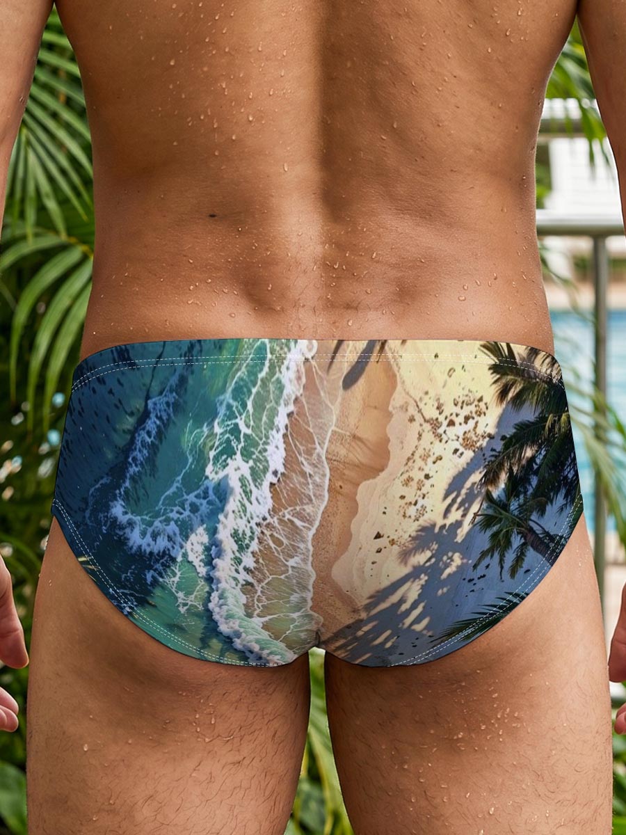 Tropical Beach with Palm Trees and Crystal Clear Waves -  Men's swim trunks