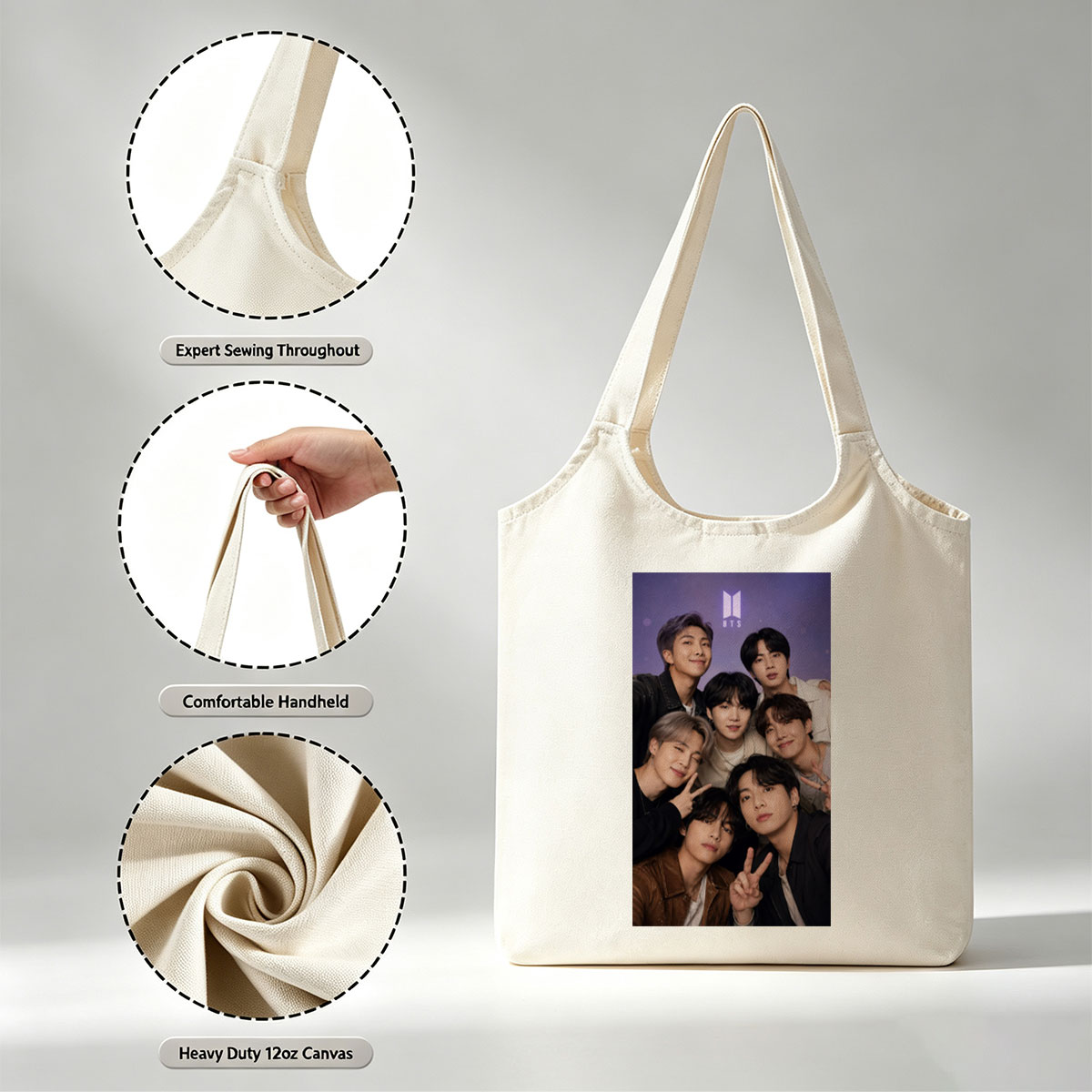 BTS Group Photo - Seven Members Posing Together with Peace Signs and Smiles Against a Purple Background - Canvas shoulder bags/