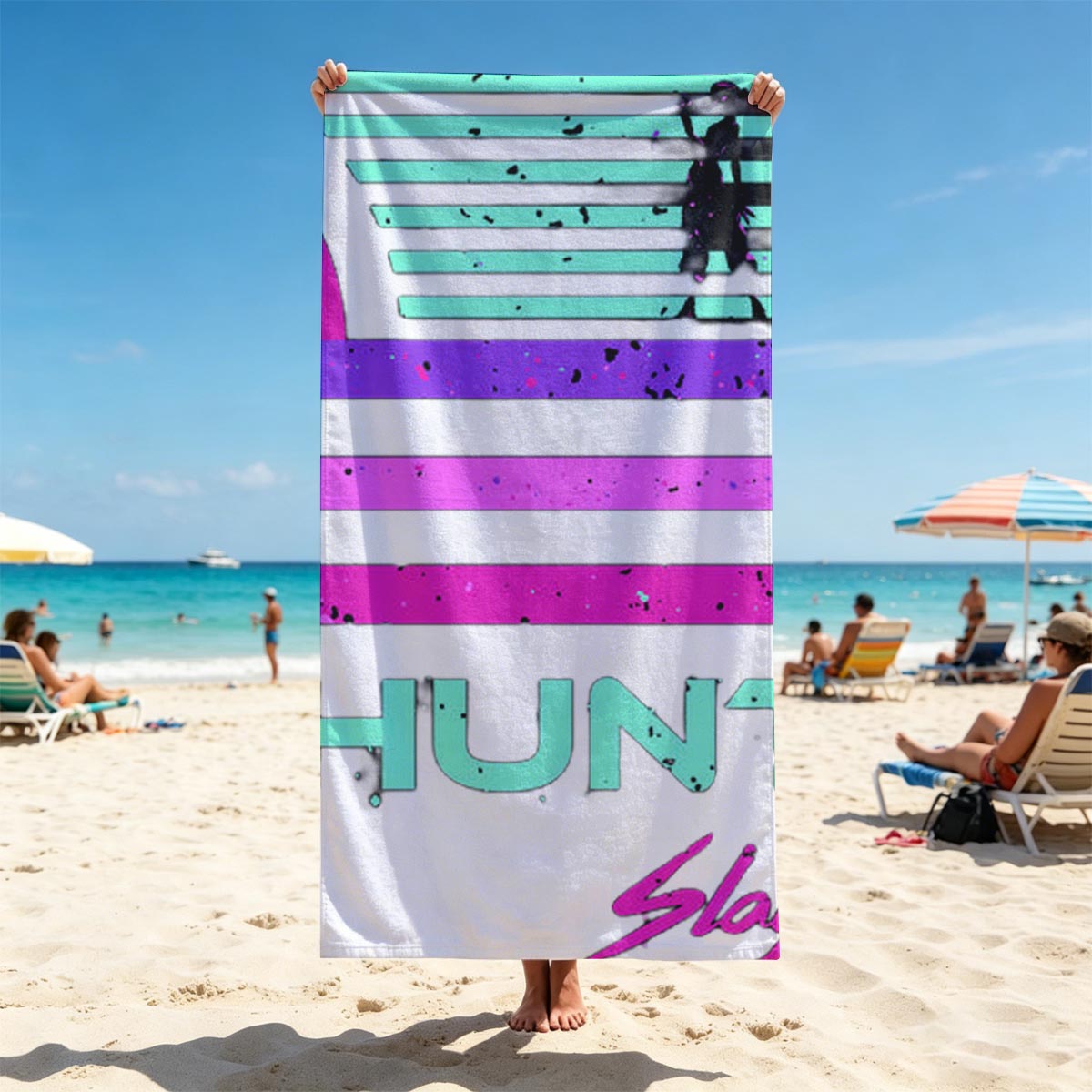 Hunters: Slay The Night - Silhouetted Figures in Neon Glow - Beach towels