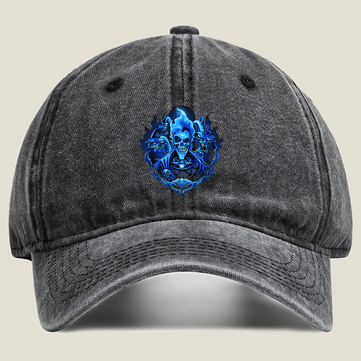 Blue Flame Skull with Demonic Creatures - Washed Denim - Baseball Cap