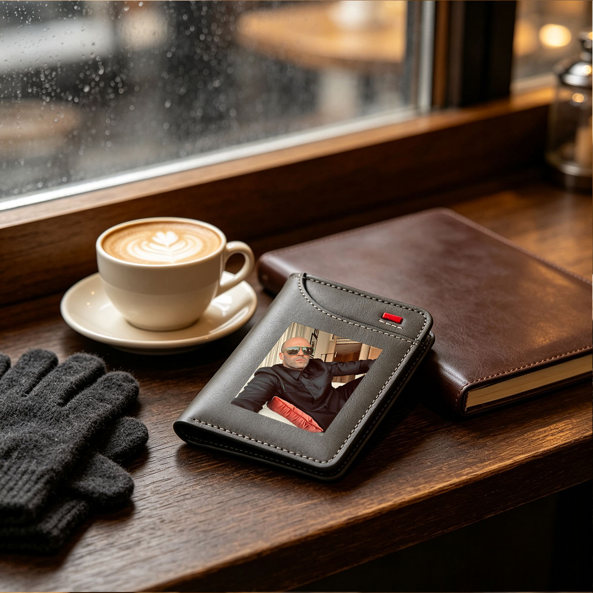 Jason Statham in Black Suit and Green Sunglasses, Relaxed Pose with Red Pillow - Vertical Style Wallet