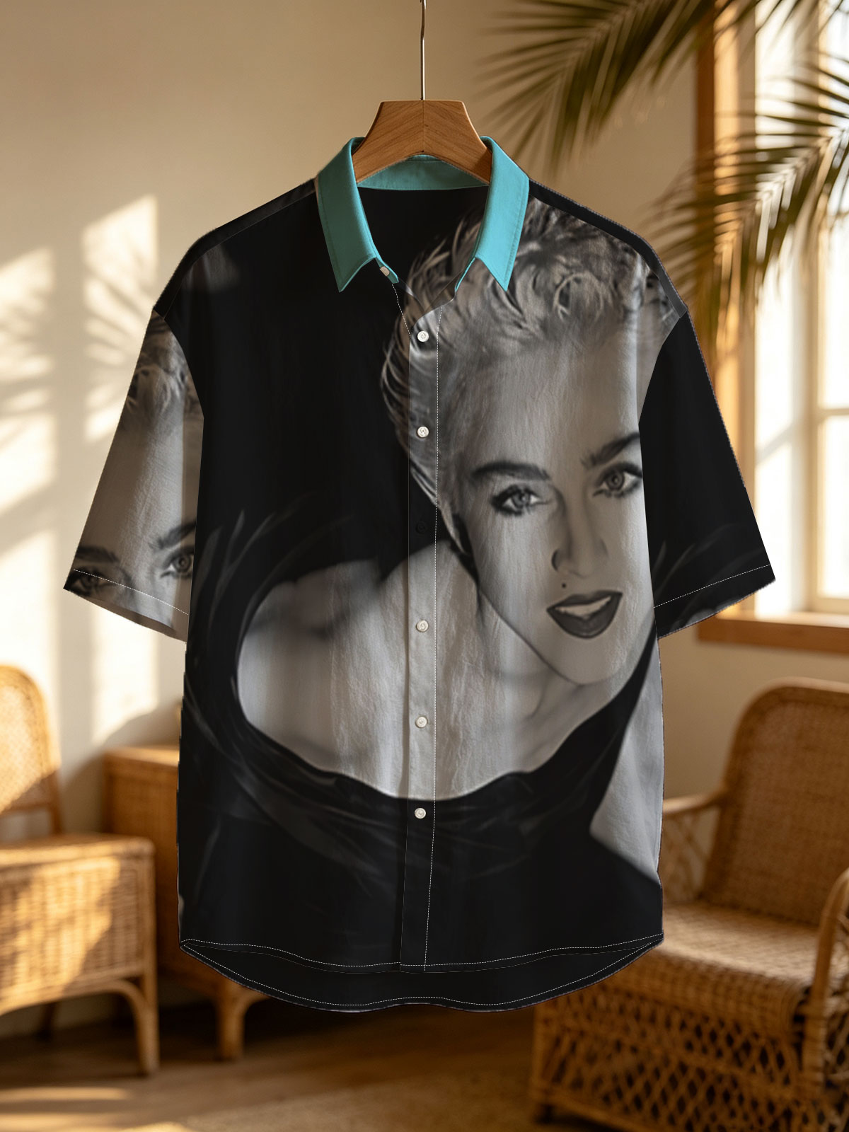 Madonna in a striking black and white portrait, showcasing bold makeup and voluminous blonde hair. -  Shirt