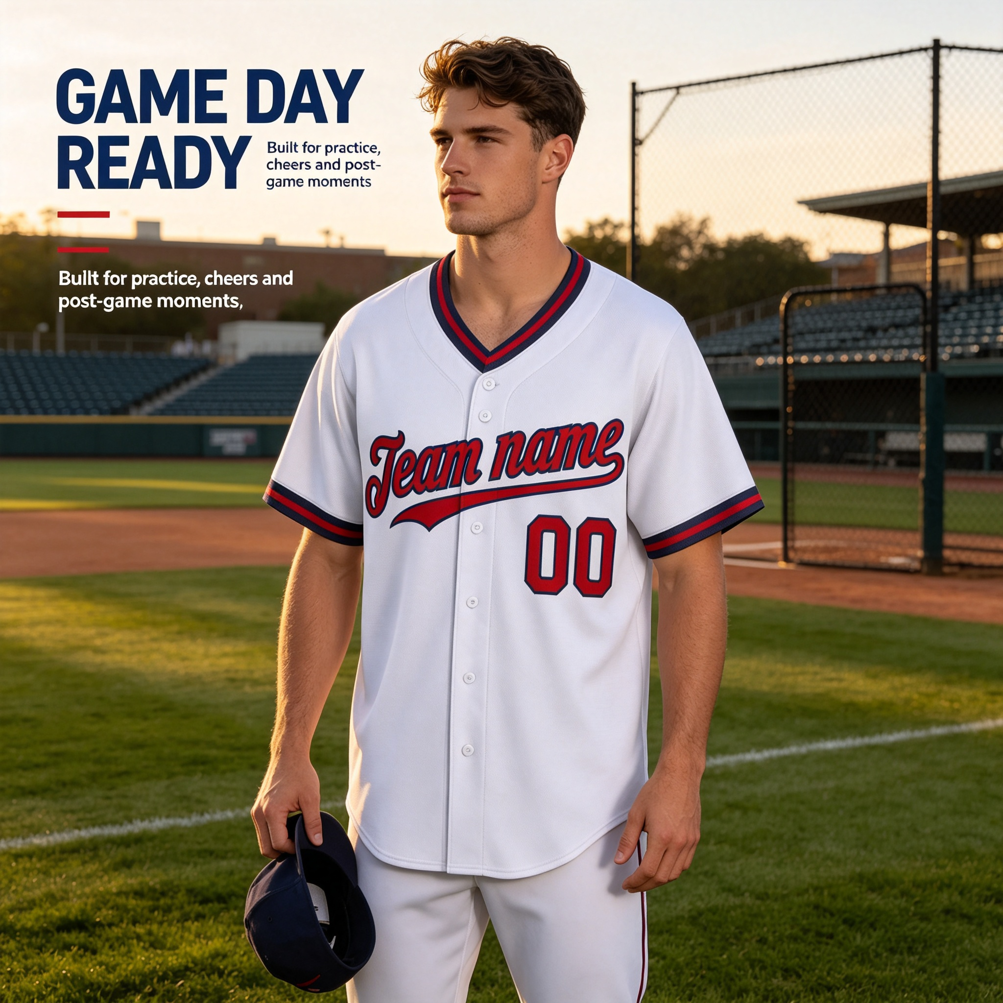 Custom Printed California Halo Style Baseball Jersey White Red Navy Ribbed V Neck Pullover Shirt for Men and Women