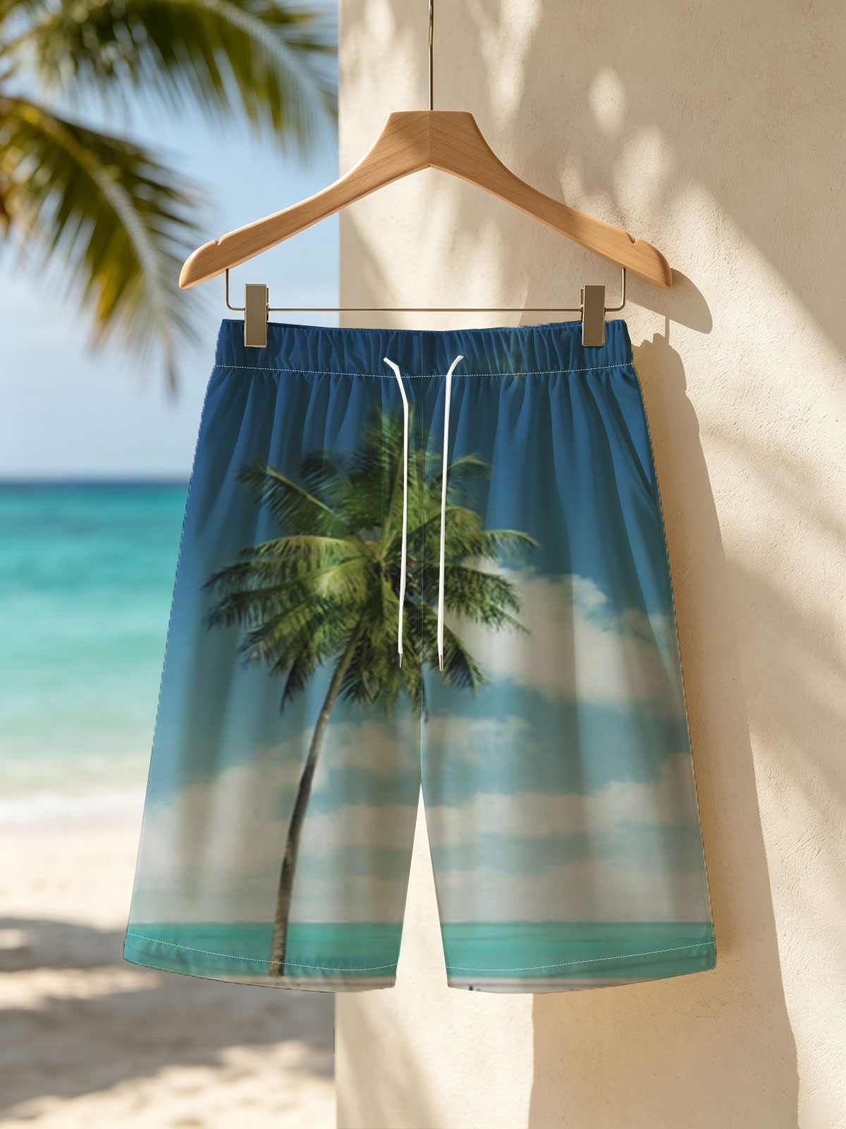 Solo Palm Tree by the Ocean Road -  Beach shorts