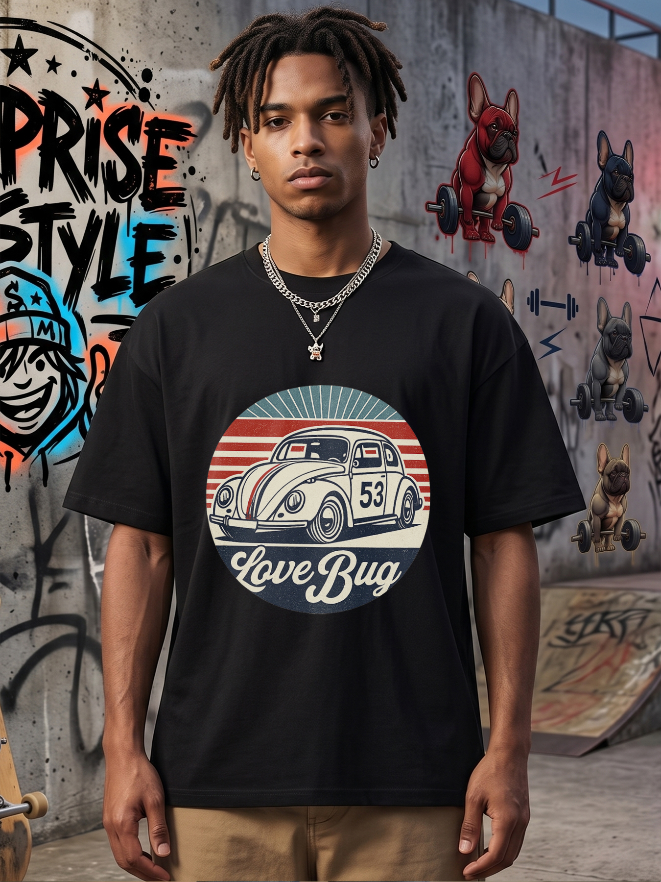 Men's Printed T-Shirt Love Bug Vintage Car 53 Design Casual Round Neck Summer Lightweight Breathable Short Sleeve T-Shirt for Car Enthusiasts and Retro Style Lovers
