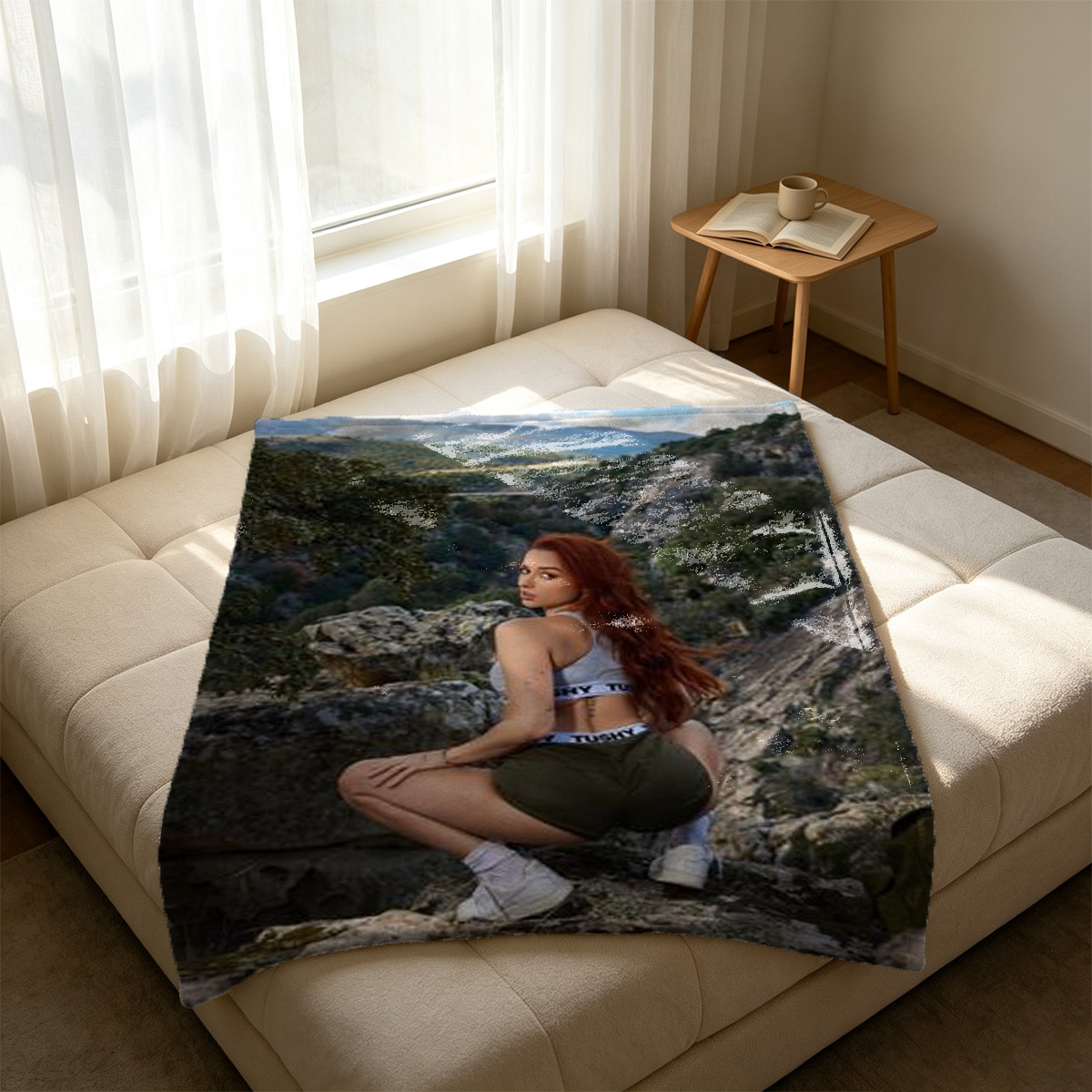 Redhead in Red Lingerie Lounging on Red Chaise Lounge - Blanket
