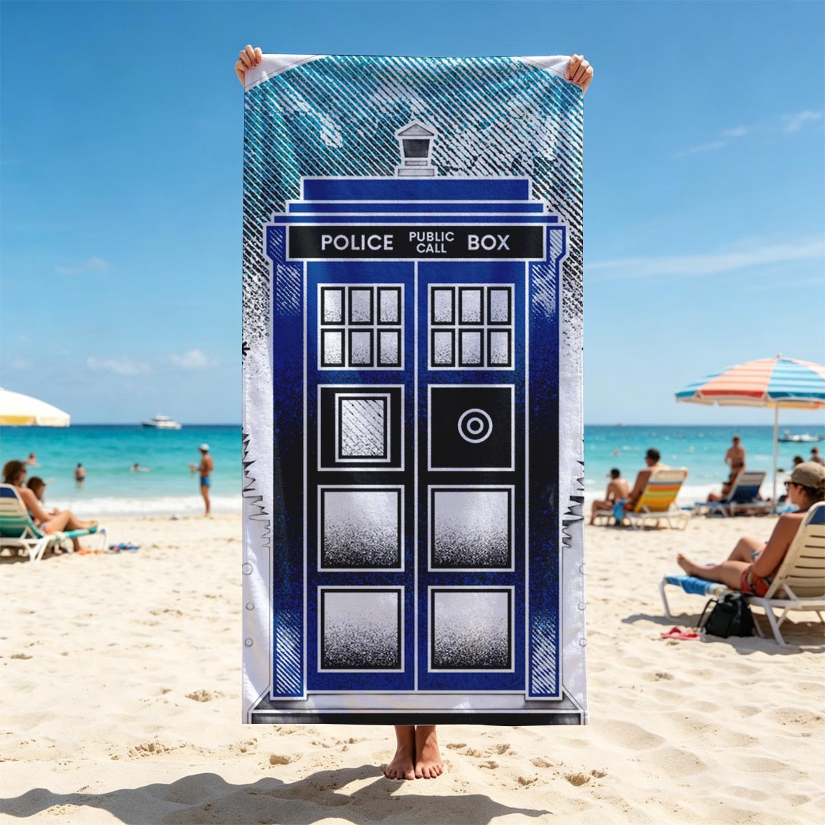 TARDIS in Winter Wonderland: Police Box Amid Snowy Pines - Beach towels