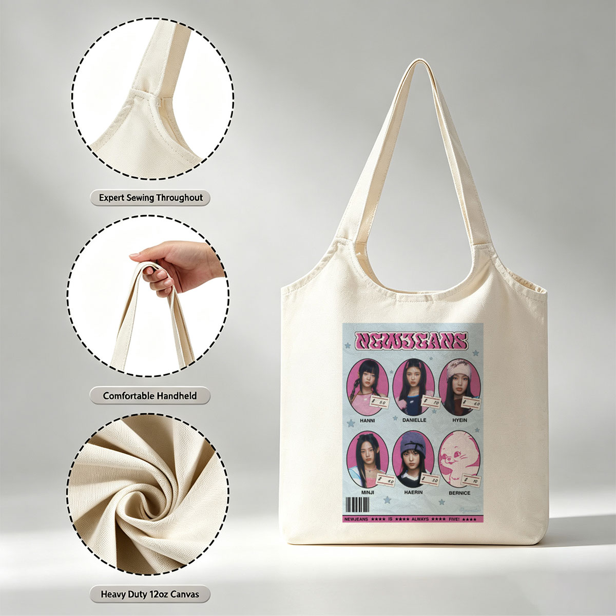 NEWJEANS Members in Pink-Themed Portrait Collage with Price Tags and Cartoon Character - Canvas shoulder bags/