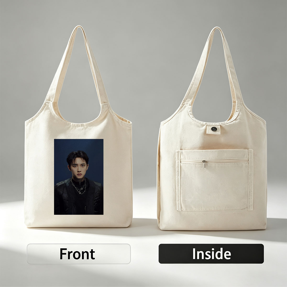 Do Kyung Soo in a Stylish Black Outfit with Layered Necklaces Against a Dark Blue Background - Canvas shoulder bags/