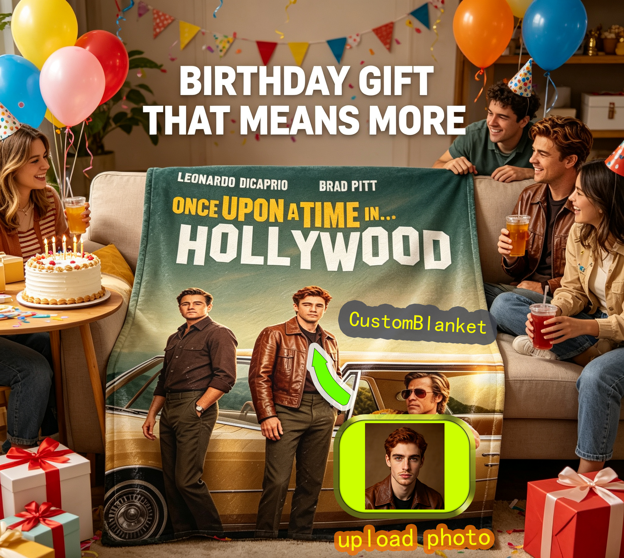 Custom Face Blanket Once Upon a Time in Hollywood Flannel Blanket Movie-Themed Gift for Fans Home Decor or Cozy Watching Experience Perfect for Birthday or Holiday Giveaway