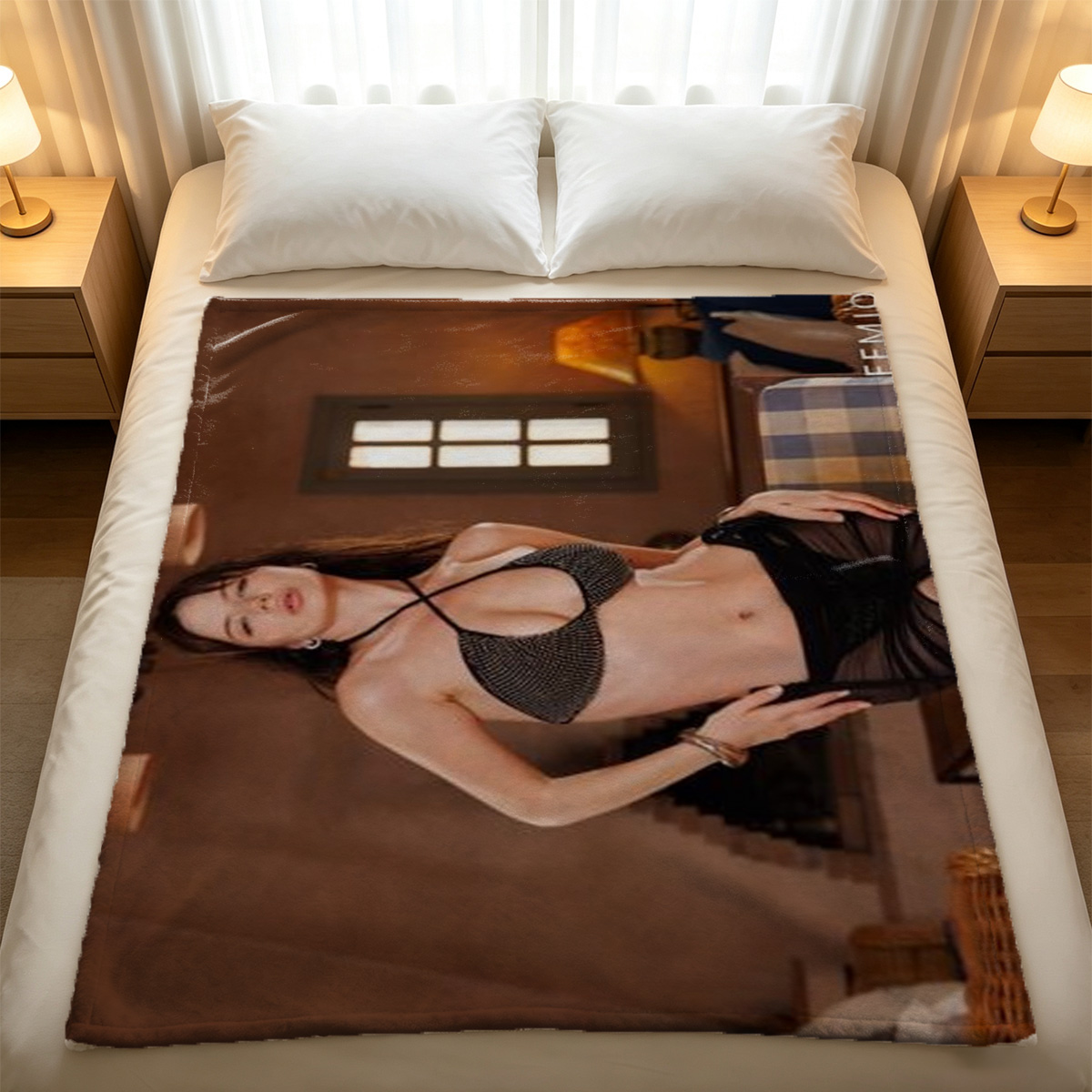 Nude Blonde Pulling Down Towel in Modern Living Room - Blanket