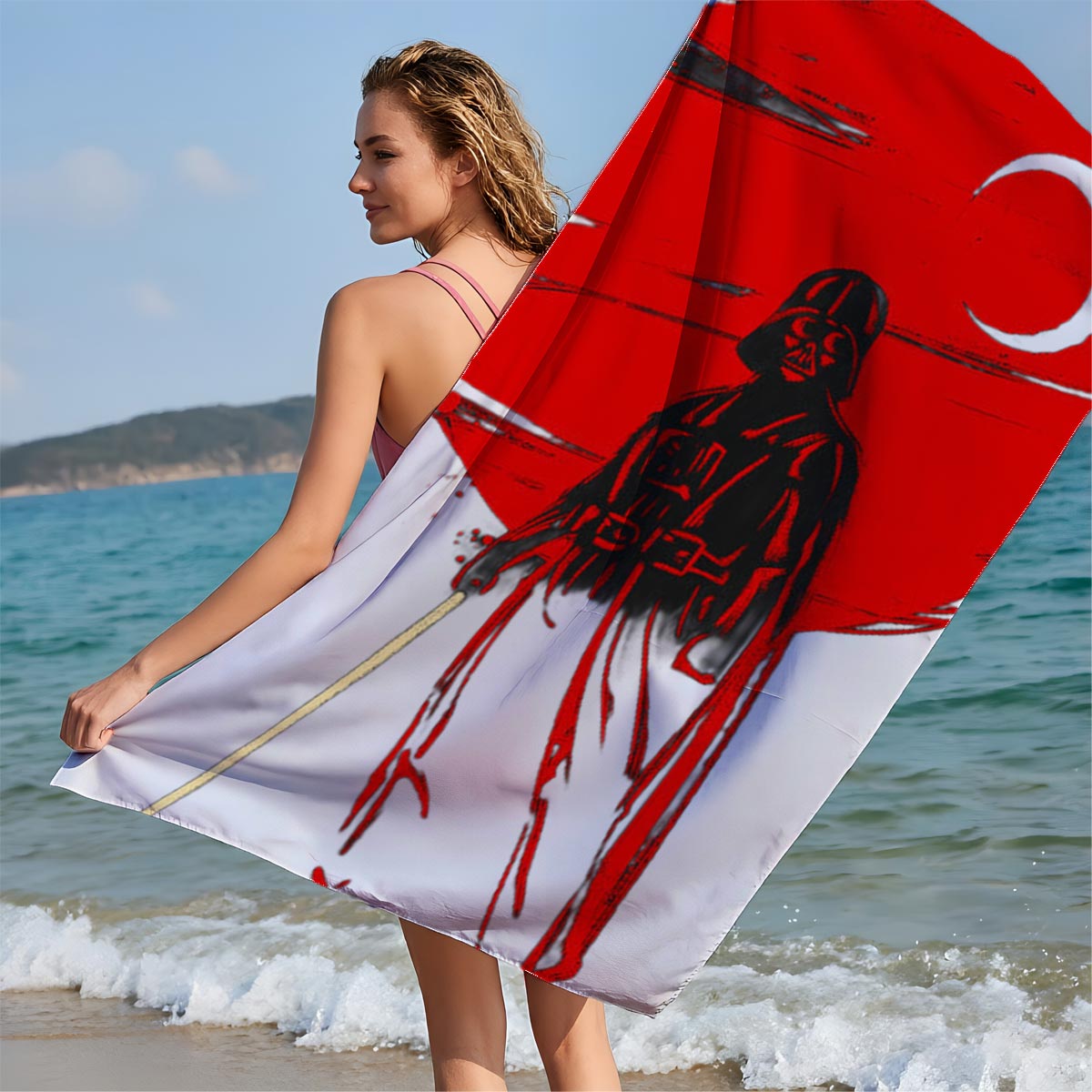 Darth Vader stands before a red sun, wielding a lightsaber in a dramatic silhouette. - Beach towels
