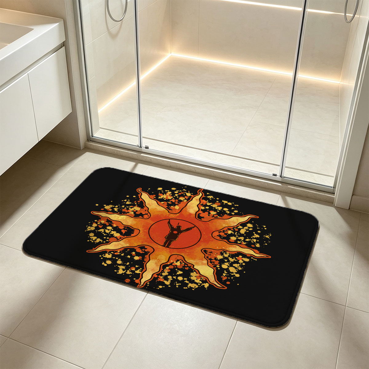Sunburst Warrior: Silhouette in Radiant Flame - Flannel floor mat