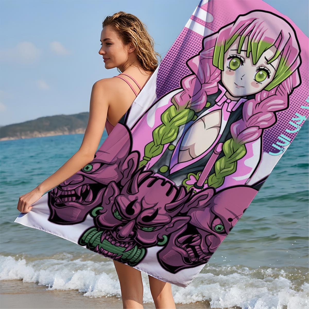 Nezuko Kamado from Demon Slayer with Pink Hair and Green Eyes, Surrounded by Skulls and Swords - Beach towels