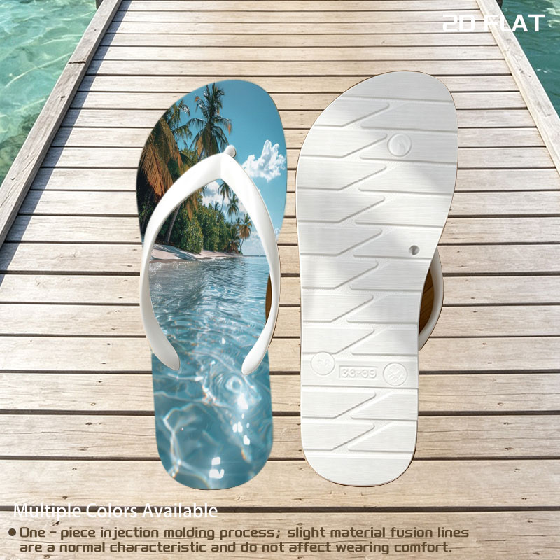 Crystal-clear waters lap against a serene tropical beach lined with swaying palm trees under a bright blue sky. -  flip-flops