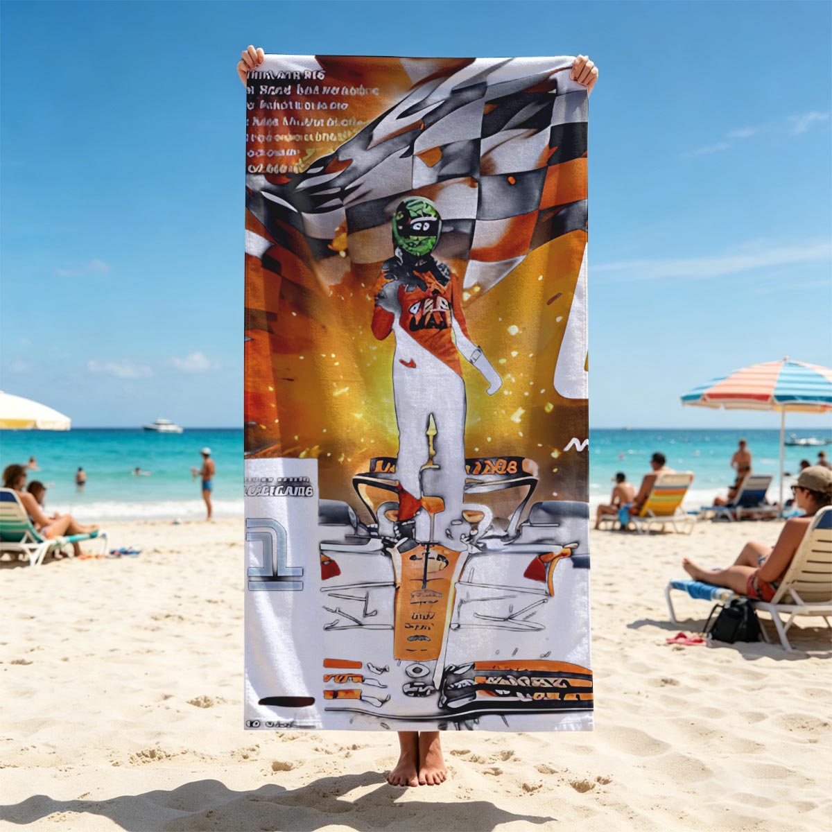 Lando Norris McLaren F1 Driver in Racing Gear with Checkered Flag and Car, Number 4 - Beach towels