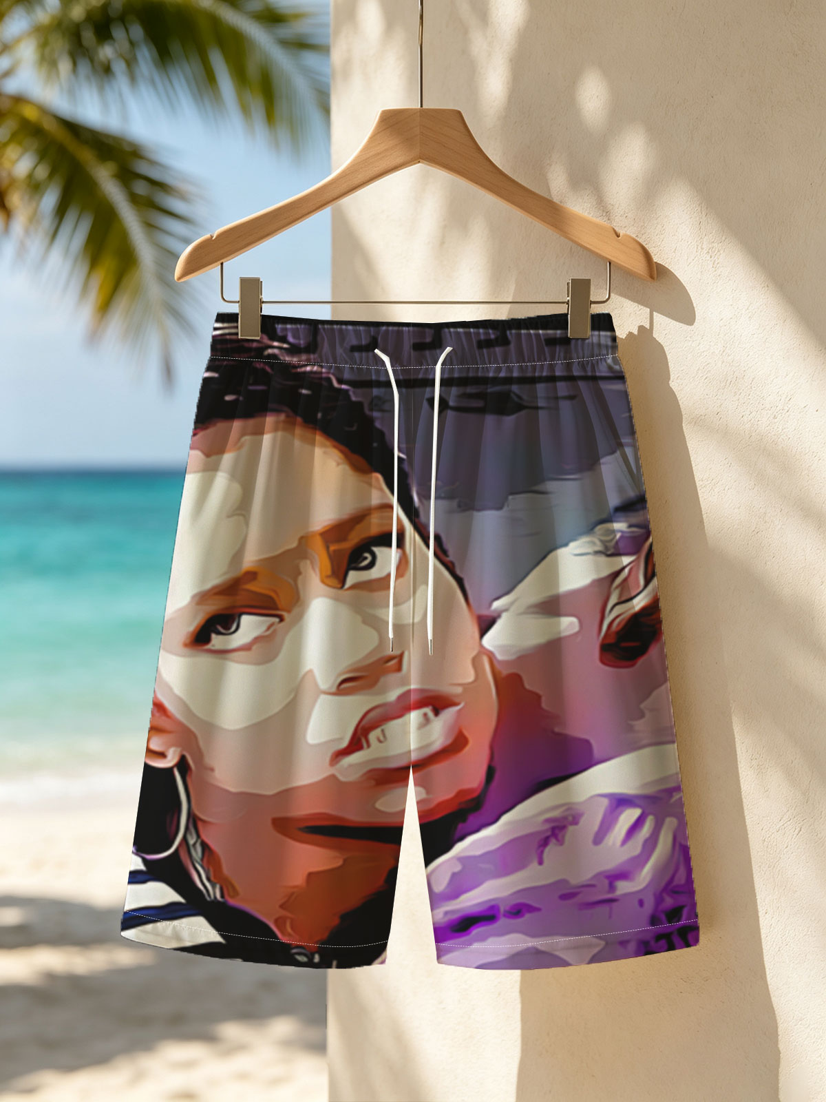 Woman with Braids and Hoop Earrings in Striped Shirt, Man in Purple Shirt with Tattooed Back -  Beach shorts
