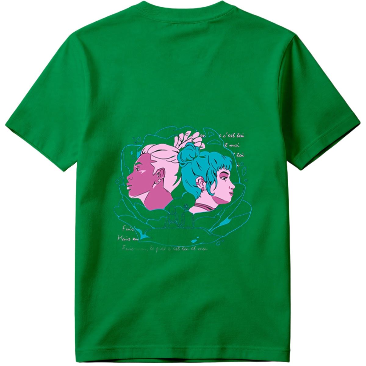 Two Women in Profile: A Stylized Artwork Featuring Pink and Teal Hair with French Text - Tee