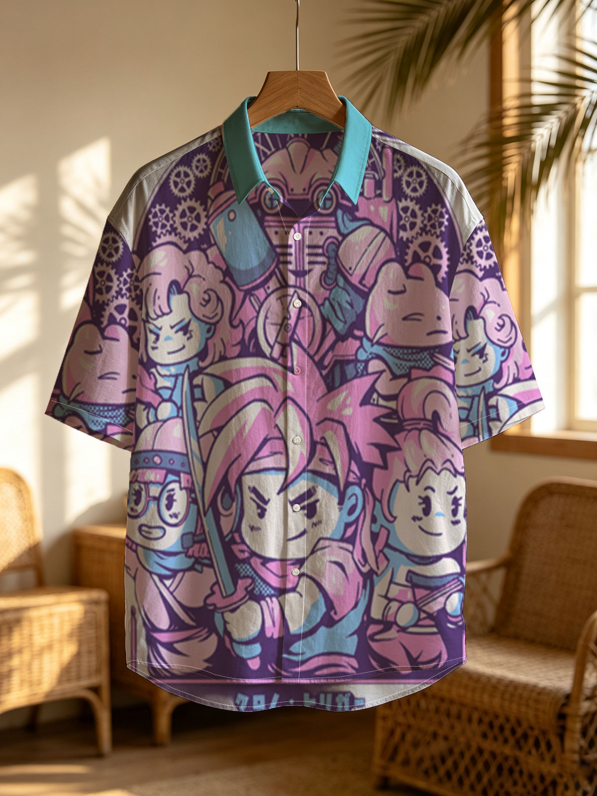 Chibi Characters in Pink and Blue with Clockwork Background -  Shirt